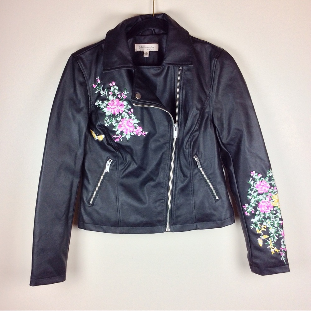 Philosophy Embroidered Faux Leather Moto Jacket